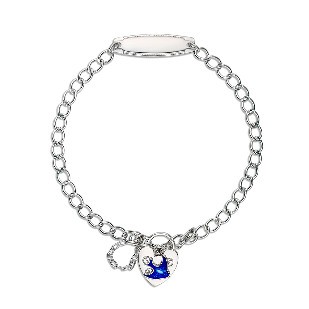 Children's Sterling Silver round curb bracelet with ID plate and Bluebird padlock